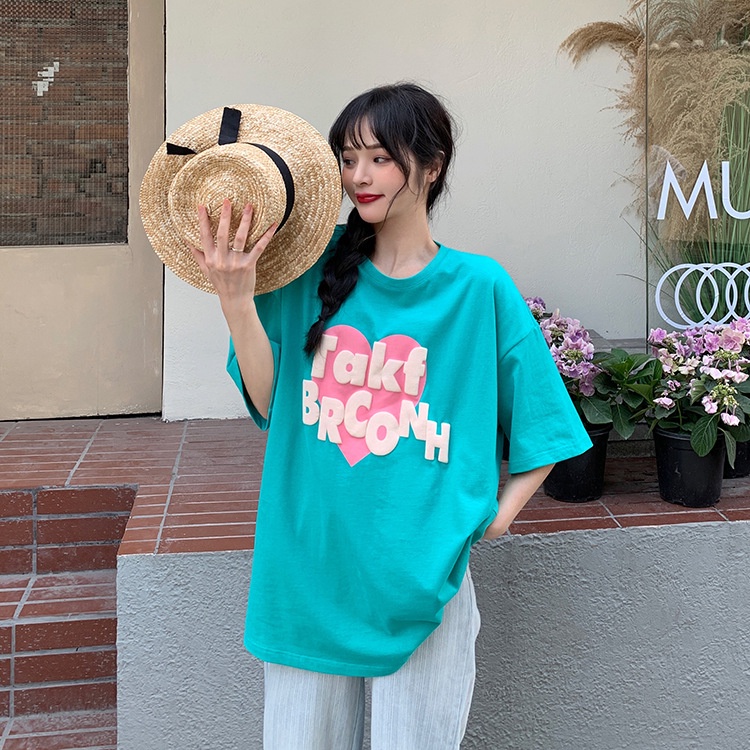 Áo Thun Đen Tay Ngắn Dáng Rộng In Hình Trái Tim Phong Cách Harajuku Thời Trang Cho Nữ