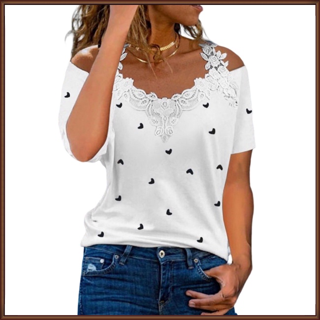Áo Thun Mùa Hè Tay Cộc Lệch Vai In Họa Tiết Đơn Giản Hợp Thời Trang Cho Nữ