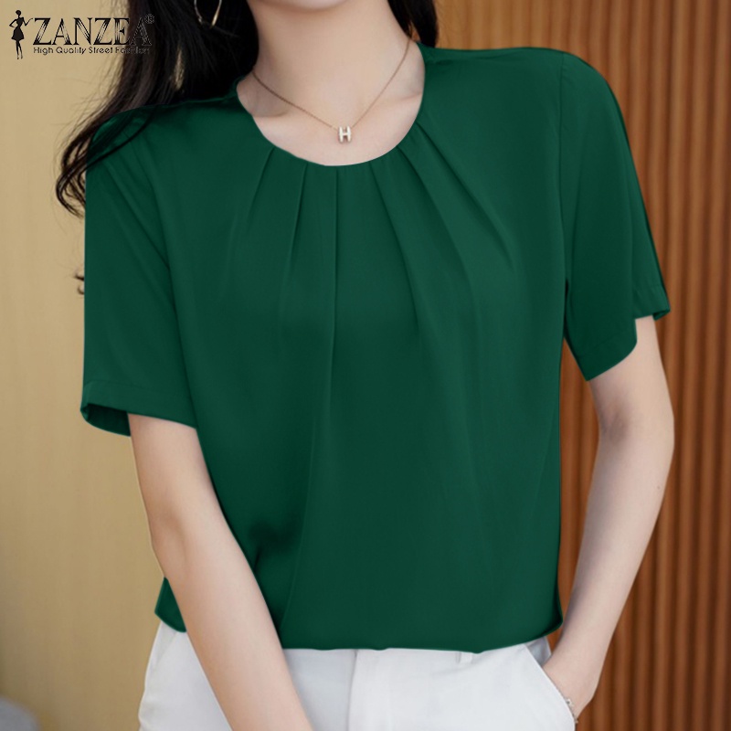 Áo kiểu ZANZEA vải satin tay ngắn cổ tròn màu trơn phong cách Hàn Quốc thời trang cho nữ