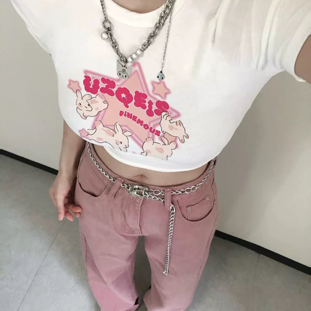 [Mã FATREND2810 giảm đến 30k tối đa 99k] Áo croptop tay ngắn PINKSTORE29 in hình ngôi sao xinh xắn UZQEIS A5721