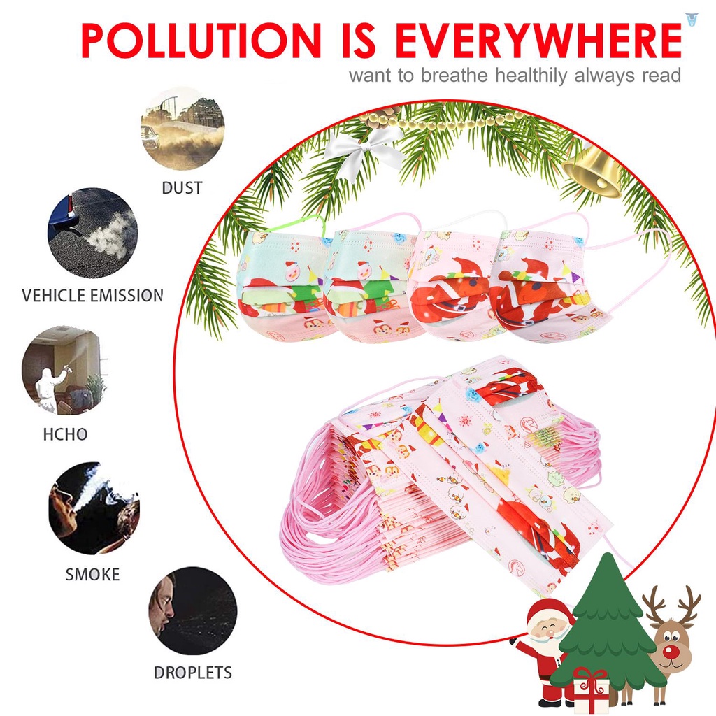 Bộ 50 Khẩu Trang 3 Lớp Dùng Một Lần Kèm Kẹp Mũi Và Dây Đeo Tai Thoáng Khí In Họa Tiết Ông Già Noel Cho Trẻ Em