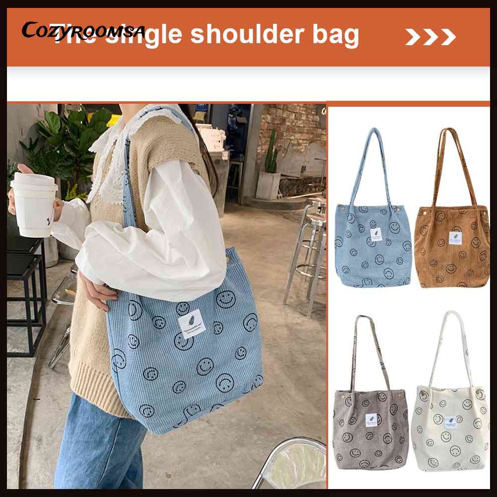 Túi Xách Tote Vải Nhung Kẻ Retro Hình Mặt Cười Dễ Thương Cho Nữ Sinh