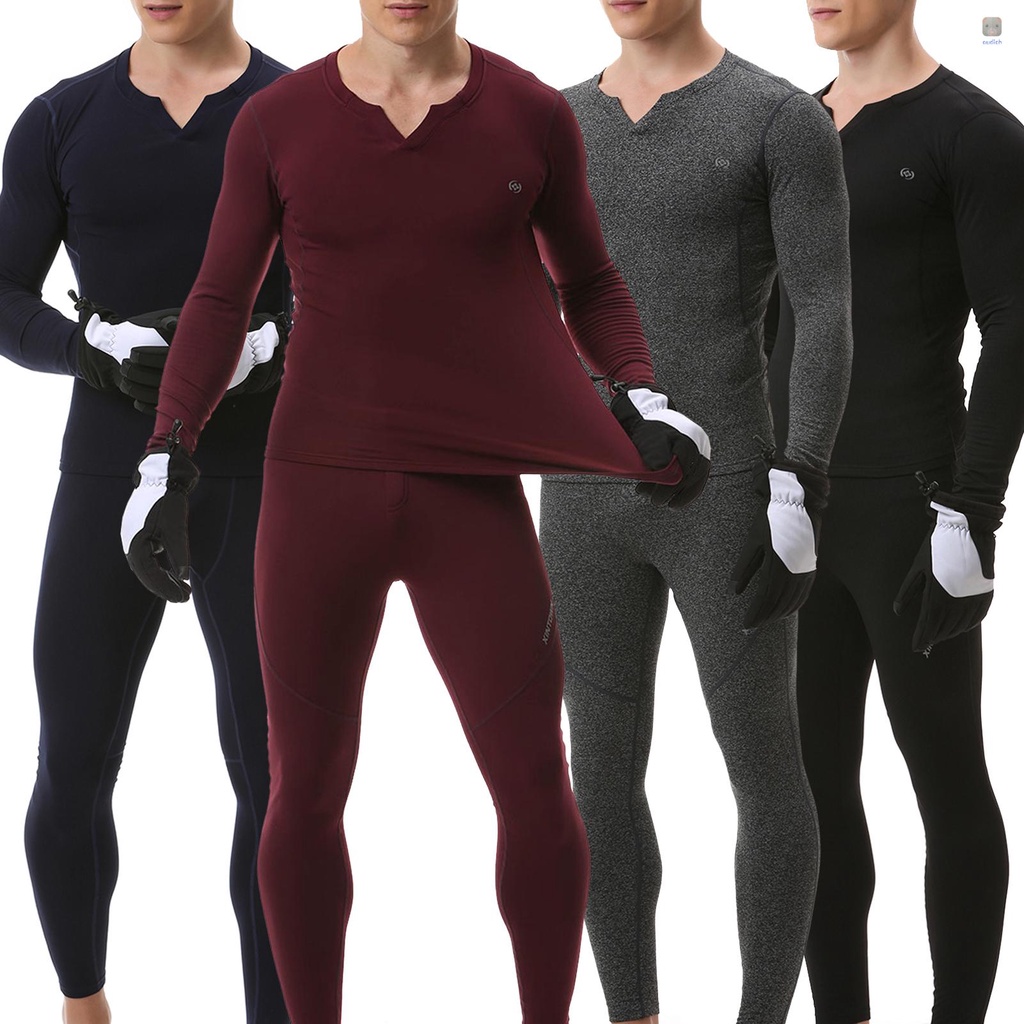 Bộ 2 Món Áo Thun Tay Dài Cổ Chữ V + Quần Dài Lót Lông Cừu Dày Giữ Ấm Mùa Đông Cho Nam