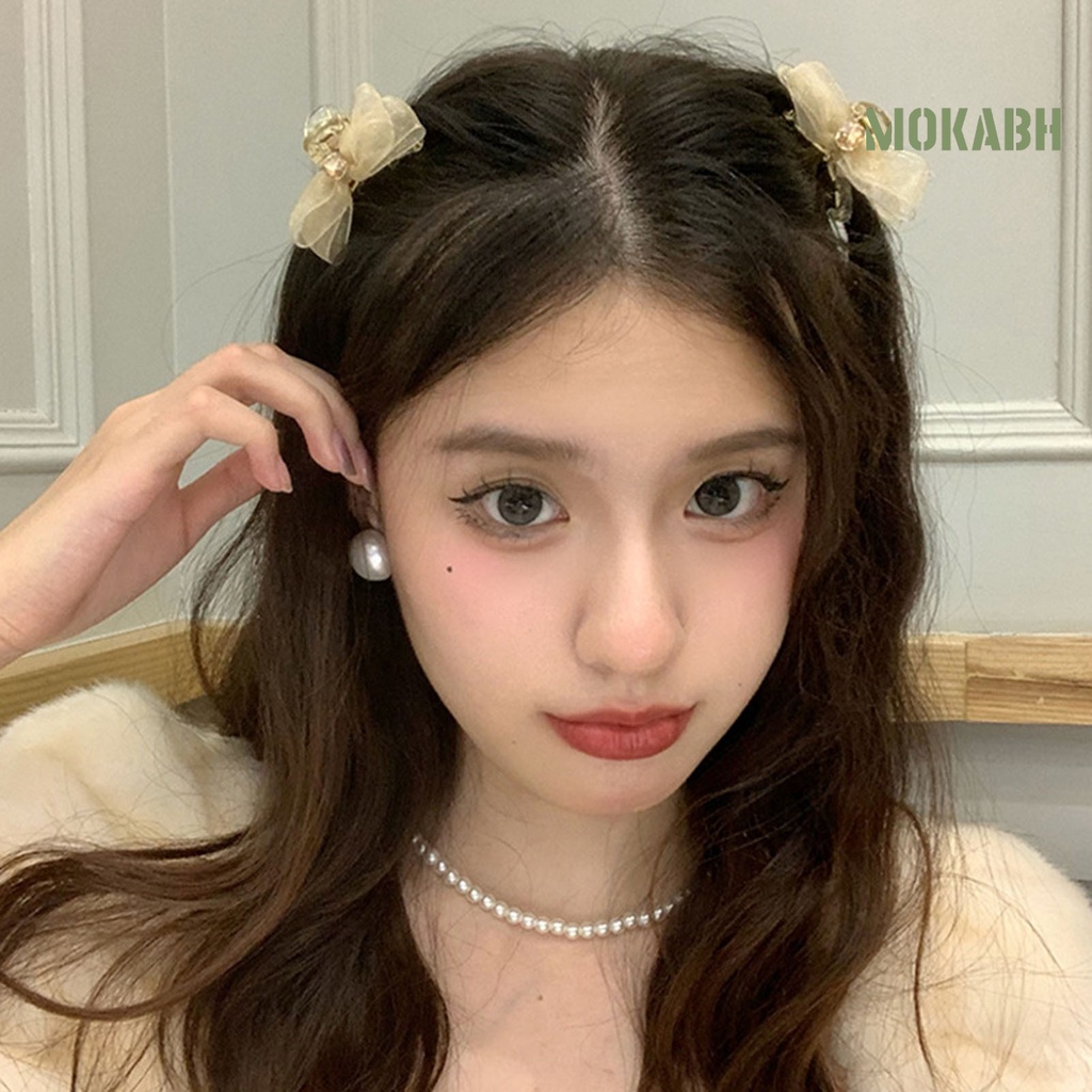 [Mok Abh] Kẹp Tóc Hình Nơ Hai Mặt Đính Đá Chống Trượt Co Giãn Dành Cho Nữ
