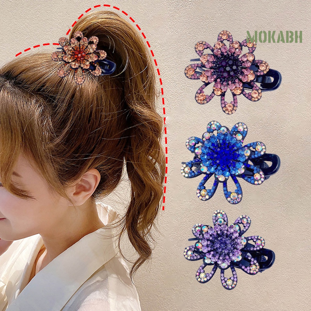 Kẹp Tóc Ba Răng Chống Trượt Họa Tiết Hoa Đính Đá Lấp Lánh Thanh Lịch