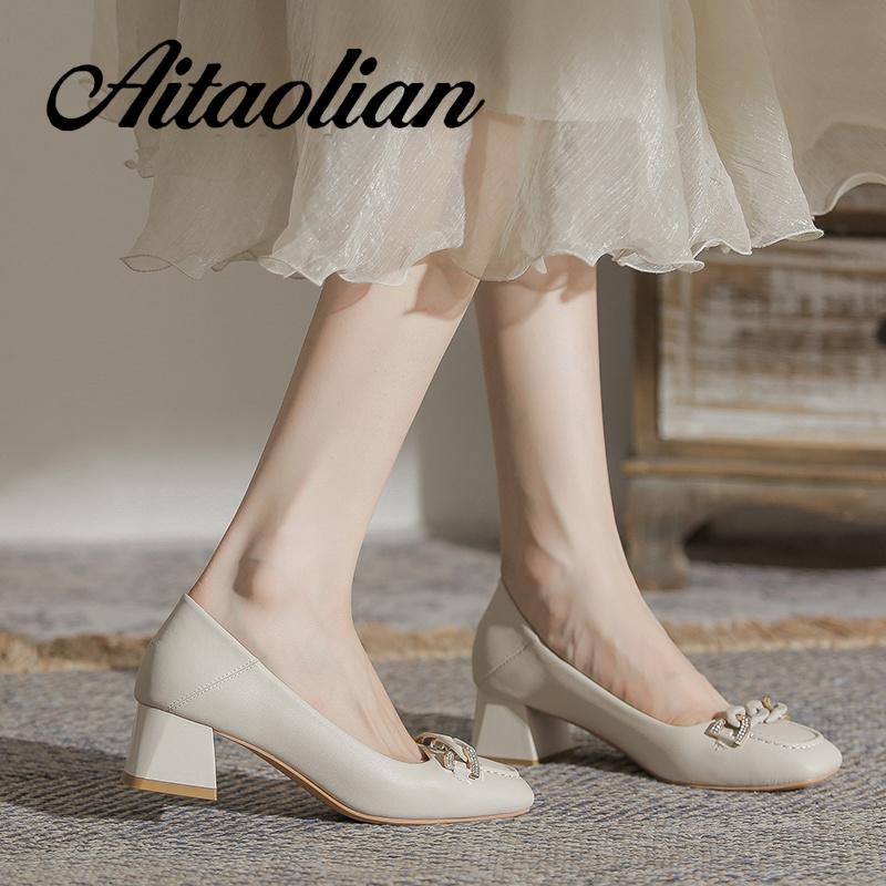 Giày Cao Gót 4cm Da Mềm Mũi Vuông Kiểu retro Anh Xinh Xắn Cho Nữ