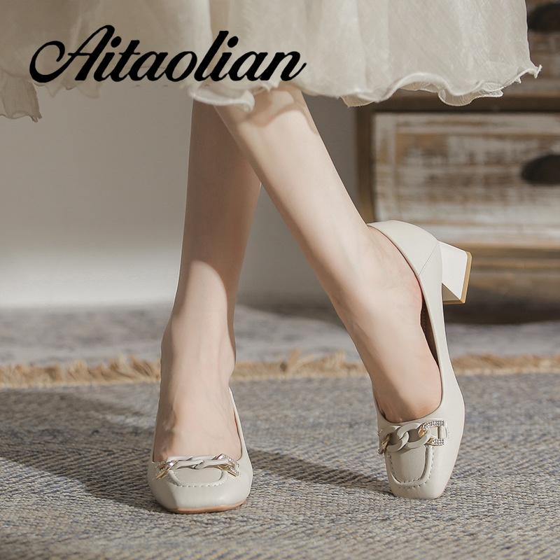 Giày Cao Gót 4cm Da Mềm Mũi Vuông Kiểu retro Anh Xinh Xắn Cho Nữ