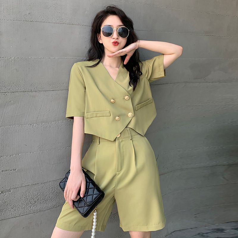 Lime Beauty Set Áo Tay Ngắn Màu Xanh Lá Mù Tạt Ngọt Ngào + Quần Short Ống Rộng Thời Trang Thường Ngày Cho Bé Gái