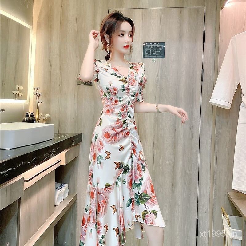 Đầm Hoa Đuôi Cá Cổ Chữ V Tay Phồng Xếp Ly Ôm Dáng Mẫu Mới 2023 Thời Trang Mùa Hè