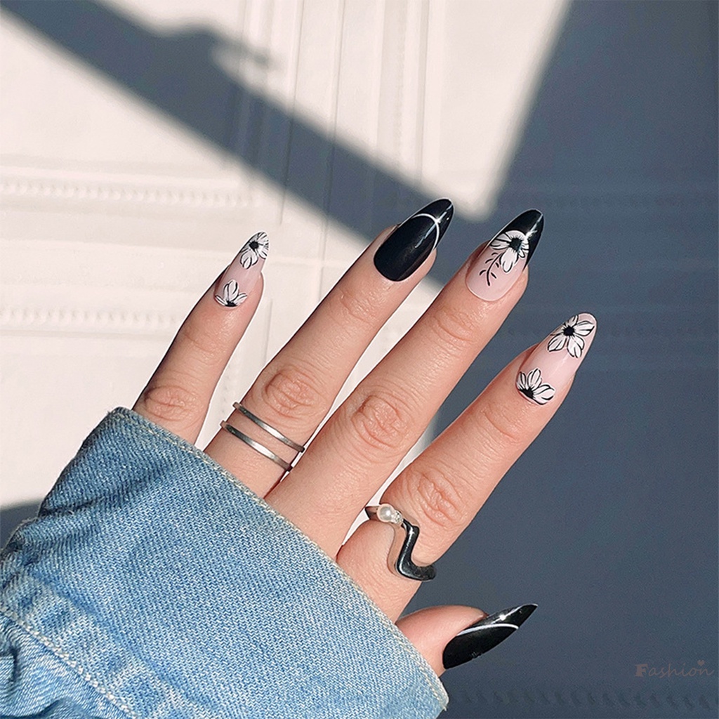 Móng Tay Giả Màu Trắng Đen Bằng Chất Liệu ABS Phong Cách Pháp