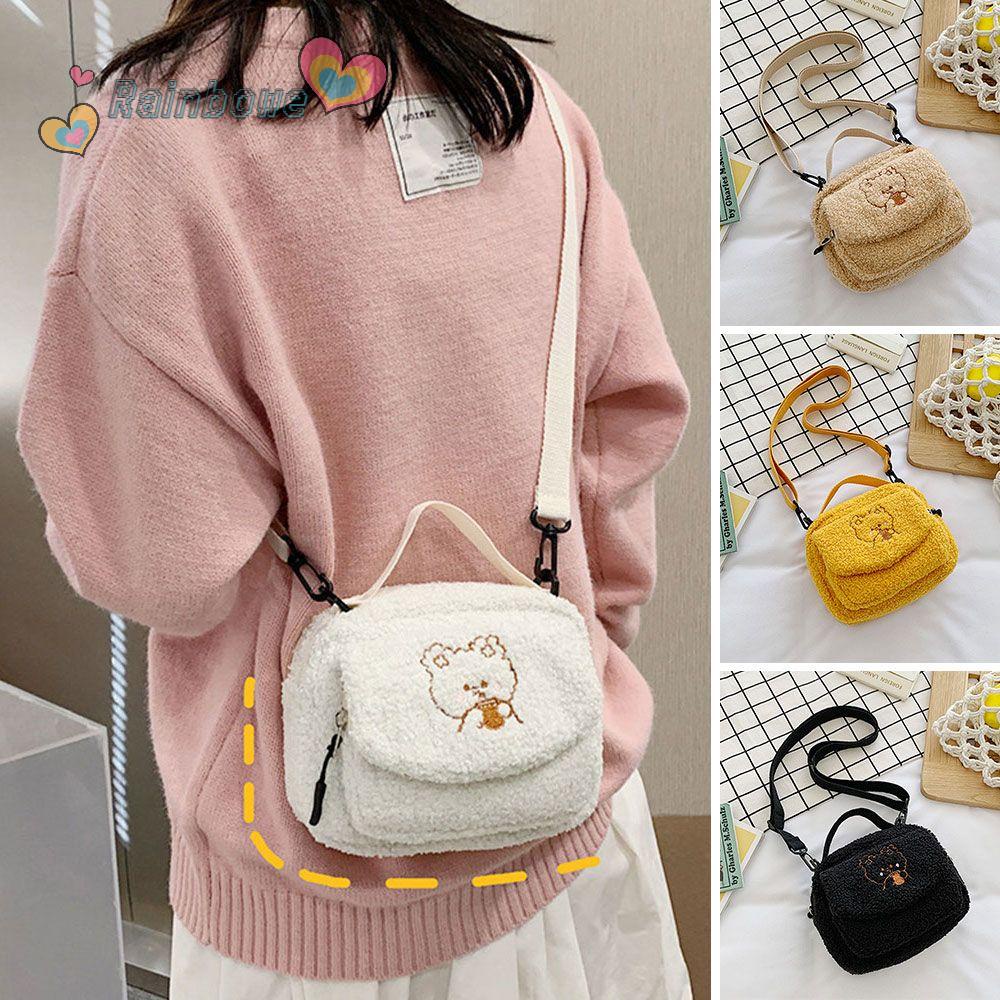 Túi Đeo Vai Đựng Điện Thoại Phối Lông Màu Cầu Vồng Dễ Thương Cho Nữ