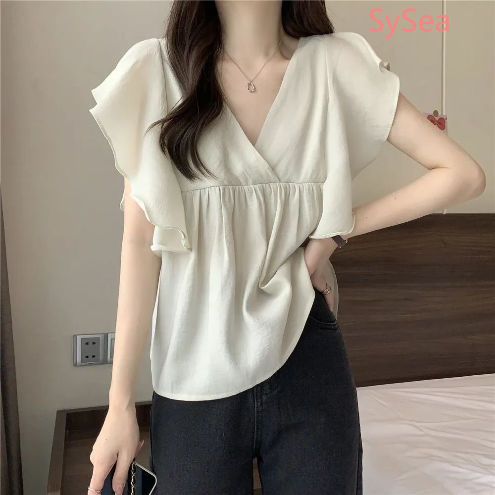 Plus Áo Kiểu Tay Phồng Cổ Chữ V Phong Cách Hàn Quốc Thanh Lịch Cho Nữ