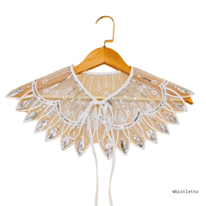 Whi Khăn Choàng Cổ Lưới Chim Công Lông Vũ Có Thể Tháo Rời Thêu Họa Tiết Sequin Ánh Kim Loại Lấp Lánh Cột Dây