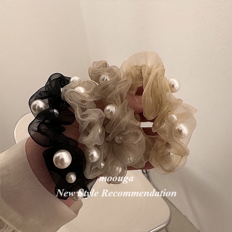 Dây Buộc Tóc Đính Ngọc Trai Nhân Tạo Màu Trơn Co Giãn Thời Trang Hàn Quốc Moouga / Scrunchy