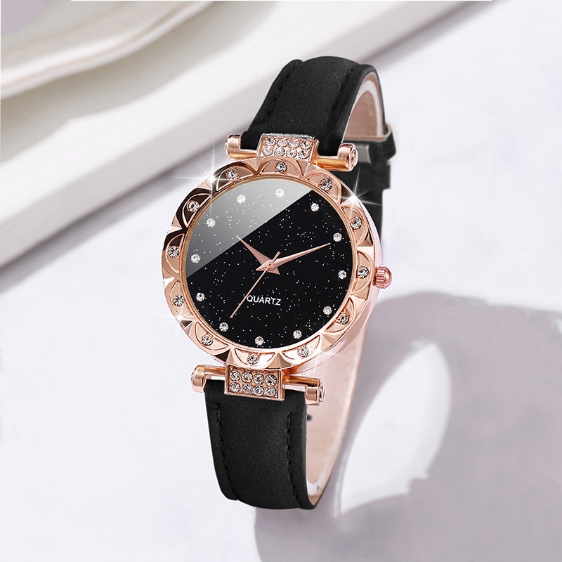 Đồng Hồ Quartz Đính Đá Với Dây Đeo Da Thời Trang