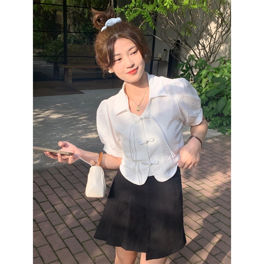 Áo Sơ Mi Tay Phồng Phối Nút Thời Trang Mùa Hè Vintage Dành Cho Nữ