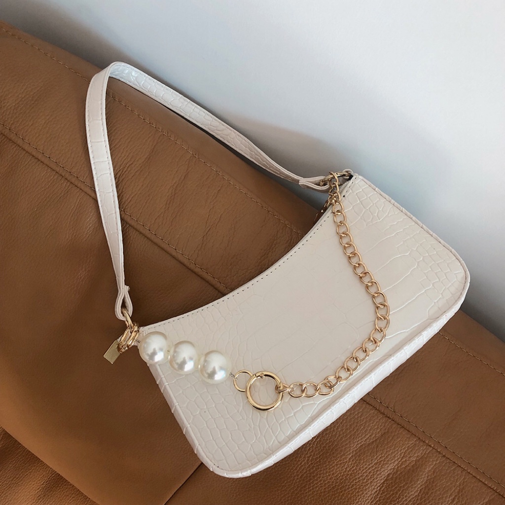 Túi Xách Vân Da Cá Sấu Phối Dây Xích Đính Ngọc Trai Phong Cách Retro Cao Cấp