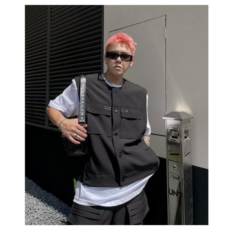 Áo Khoác Sát Nách Dáng Rộng Phối Túi Lớn Tùy Chỉnh Thời Trang Xuân Thu Cá Tính Cho Nam