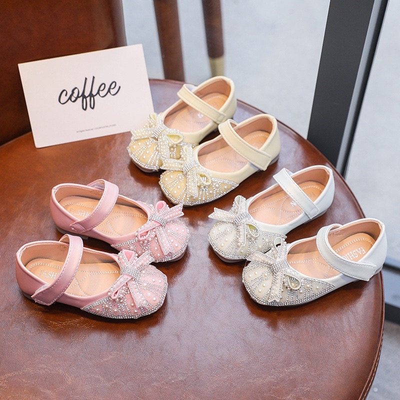 <From nhỏ> Giày búp bê đính nơ đá lấp lánh xinh xắn đế mềm cho bé gái