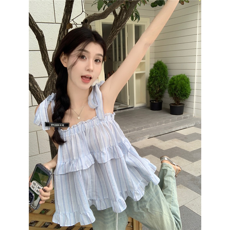 Áo Hai Dây Nhún Bèo Dáng Rộng Họa Tiết Kẻ Sọc Thời Trang Mùa Hè Xinh Xắn Cho Nữ