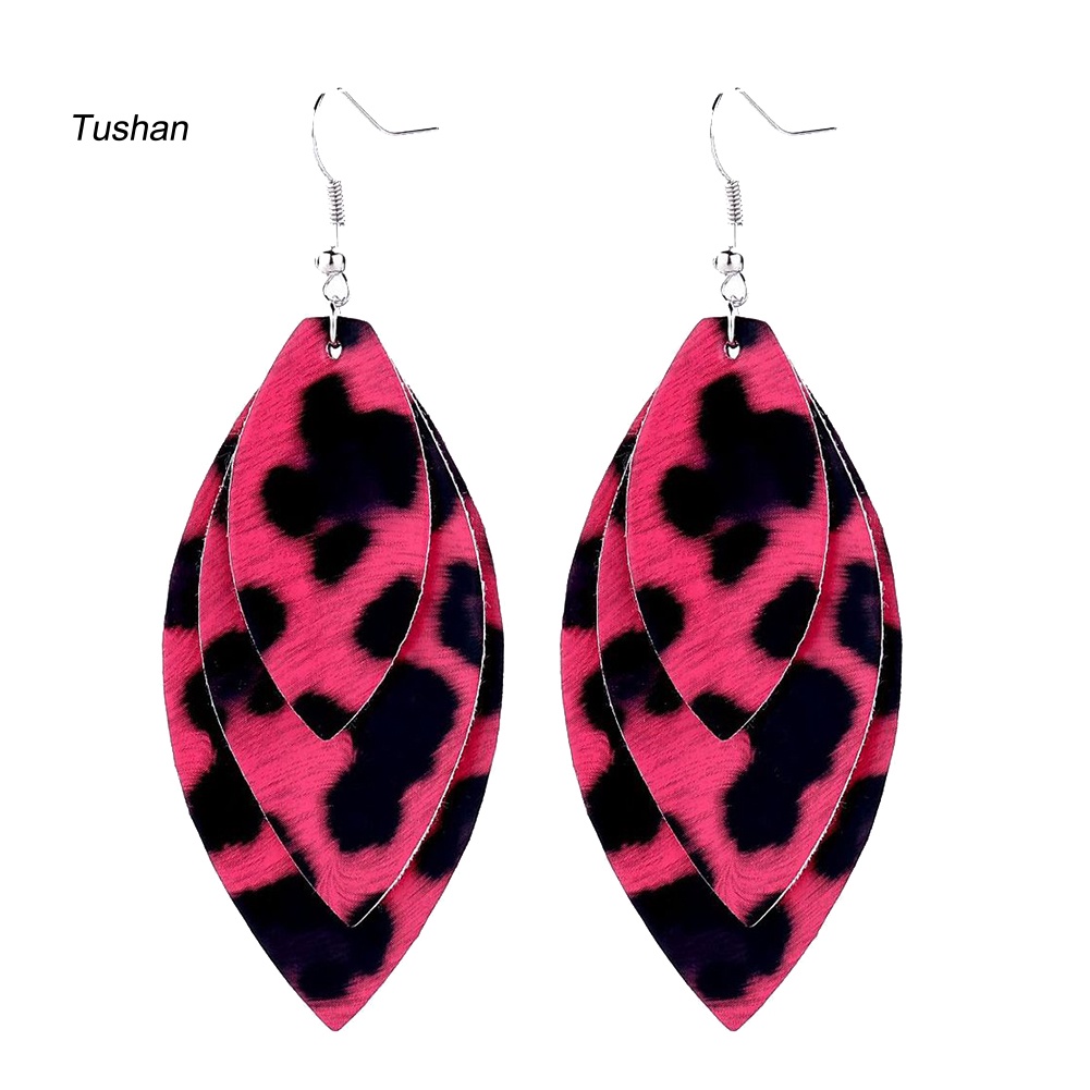 Bông Tai Móc Hình Chiếc Lá Ba Lớp Họa Tiết Da Báo Thời Trang Dành Cho Nữ