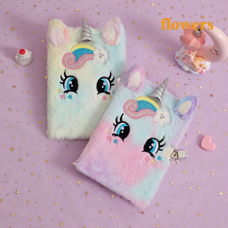 Sổ Tay Vải Lông Hình Kỳ Lân Hoạt Hình Mắt To Có Khóa Làm Quà Tặng Cho Học Sinh / Văn Phòng