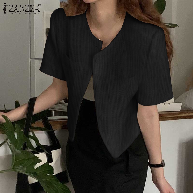 Zanzea Áo Khoác Nữ Ngắn Tay Cổ Tròn Có Túi Thời Trang Hàn