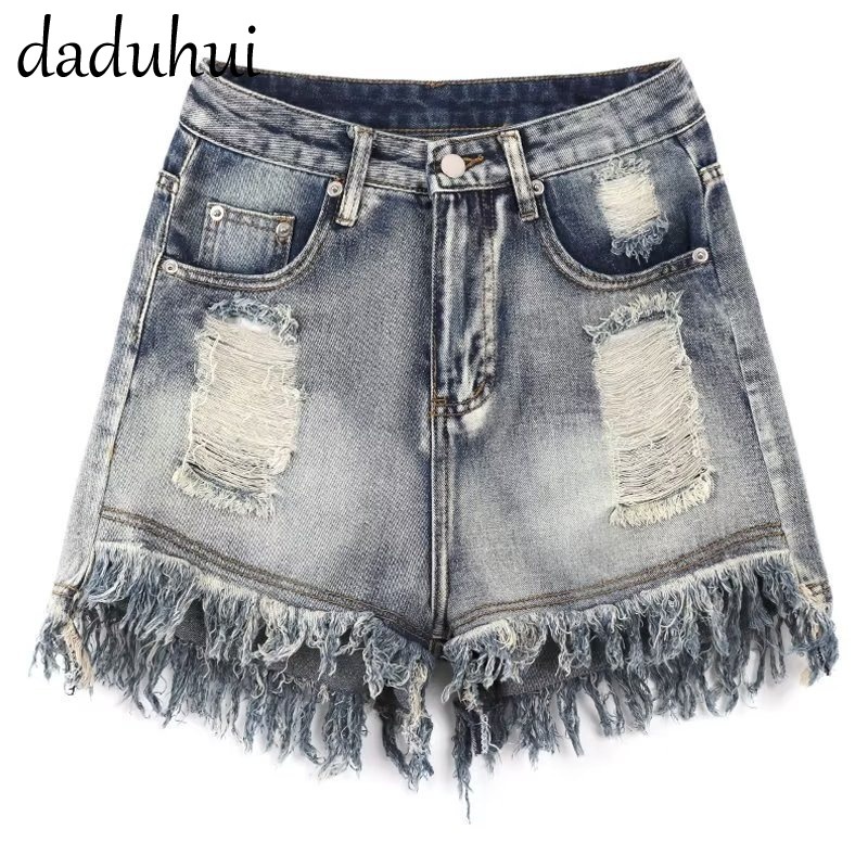 Daduhui New American Style Ins Street Ripped Denim Shorts High Waist Niche Raw Edge Thin A Word Hot Pants
