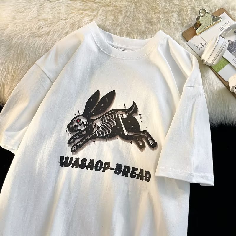 Áo Thun Cotton Tay Ngắn Dáng Rộng In Hình Thỏ Bông Màu Trơn Dễ Phối Đồ Thời Trang Mùa Hè Cho Nam Và Nữ