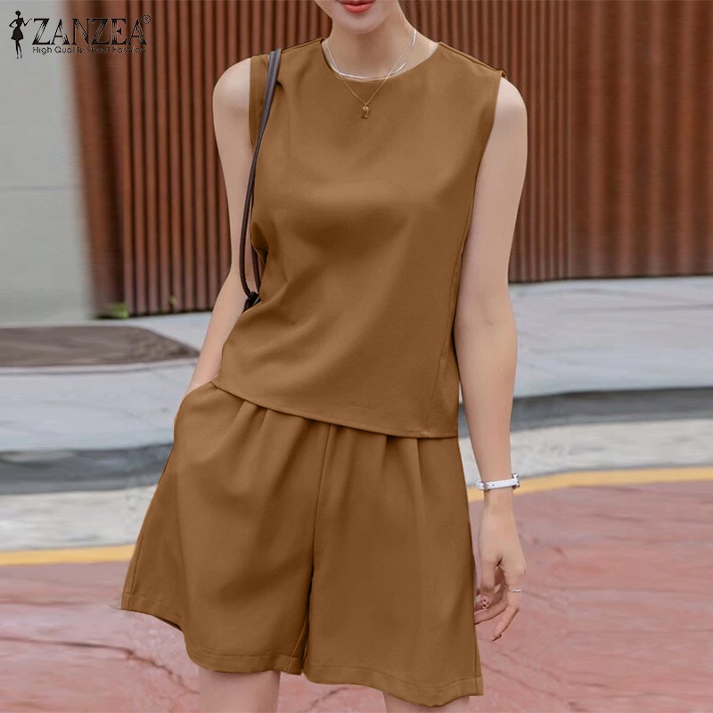 Zanzea Set Áo Thun Không Tay Cổ Tròn Kèm Quần Short Lưng Thun Thời Trang Nữ