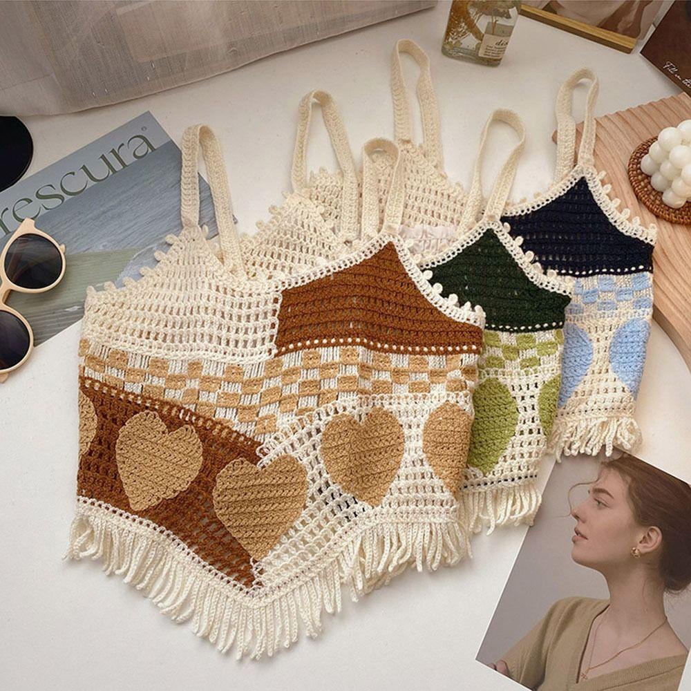 NICKOLAS Áo Croptop Dệt Kim Không Tay Cổ Tròn Họa Tiết Trái Tim Khoét Rỗng Phong Cách Harajuku Cổ Điển