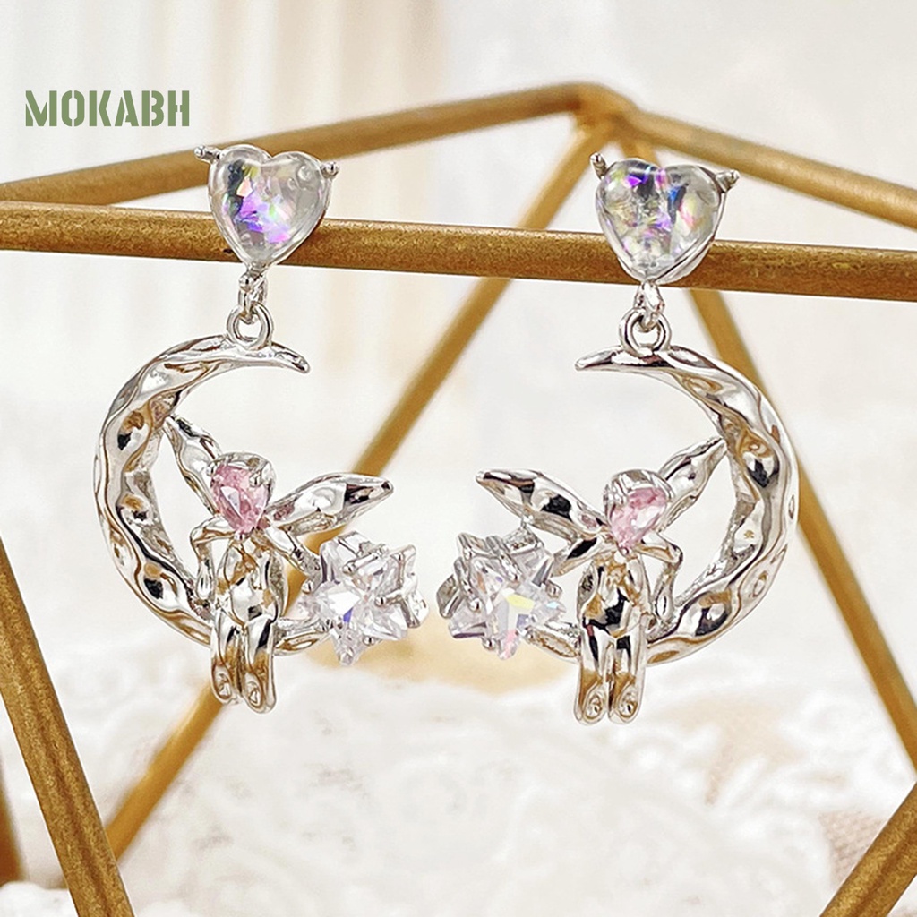 1 Đôi Bông Tai Hình Trái Tim Đính Đá Mặt Trăng Ngôi Sao Không Gây Dị Ứng Thời Trang