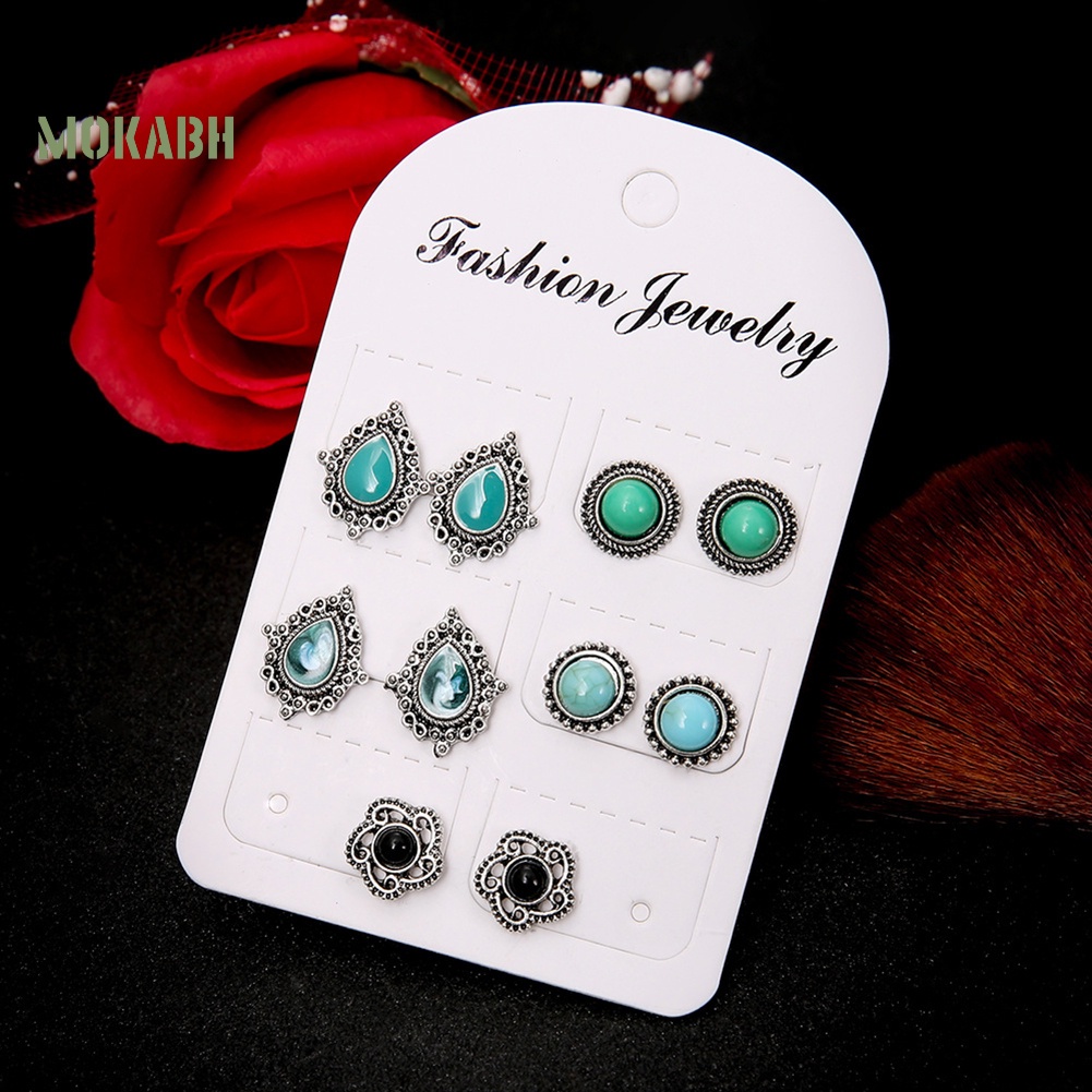 Set 5 Đôi Bông Tai Xỏ Lỗ Đính Đá Ngọc Lam Giả Phong Cách Bohemia Thời Trang