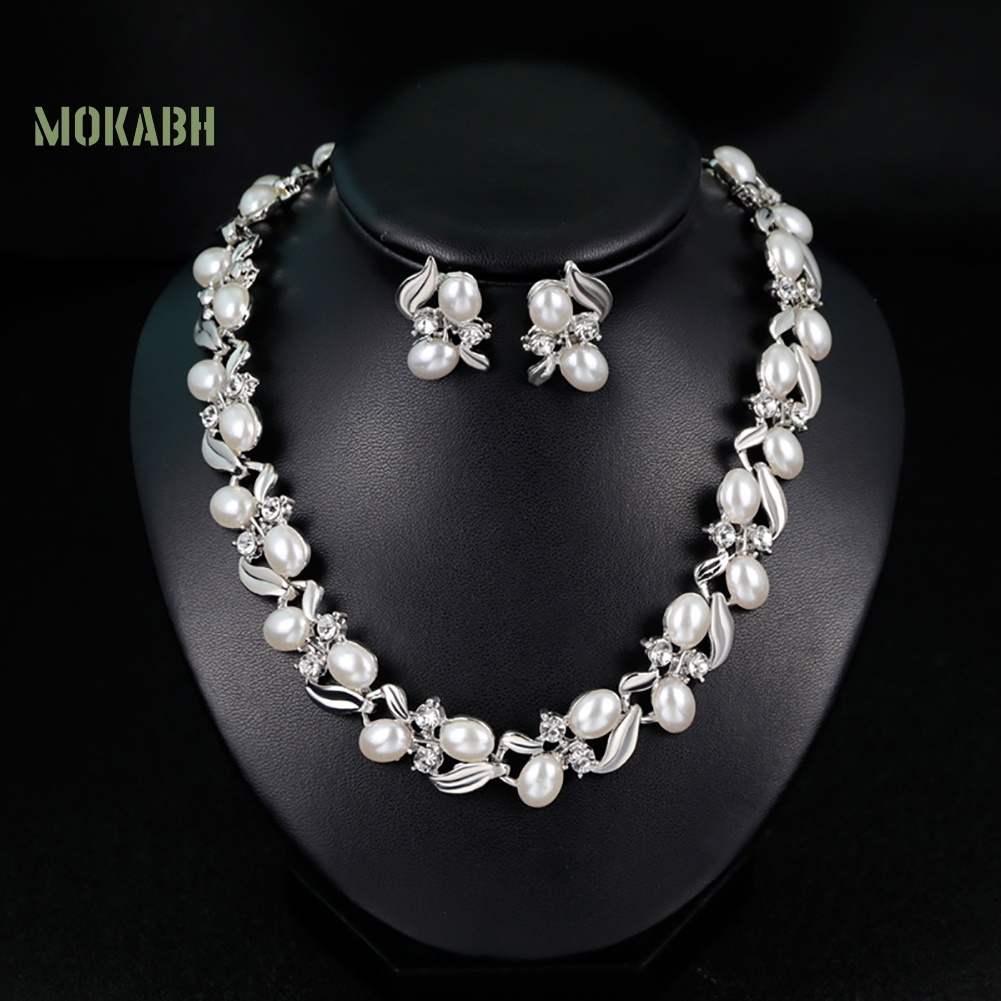 Bộ Vòng cổ + Bông Tai Đính Đá &amp; Ngọc Trai Giả Thời Trang Cho Nữ