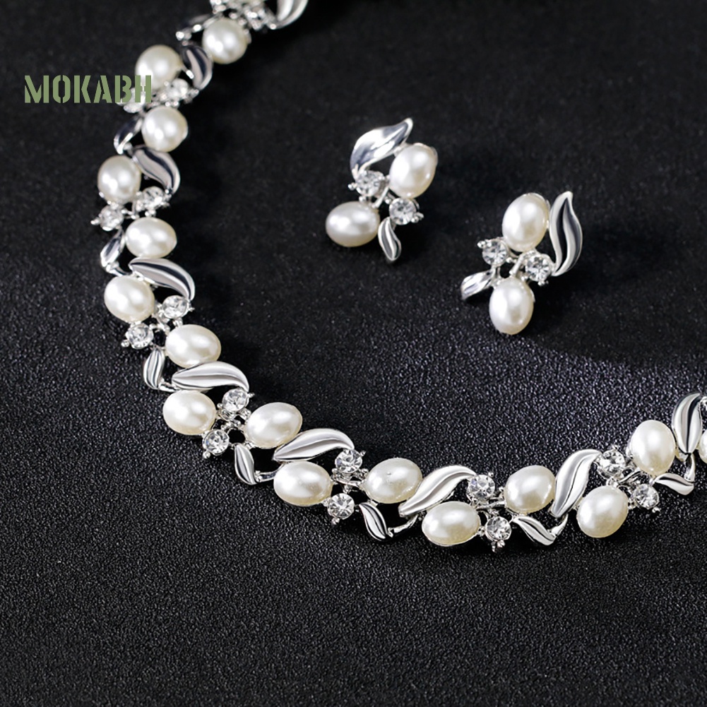 Bộ Vòng cổ + Bông Tai Đính Đá &amp; Ngọc Trai Giả Thời Trang Cho Nữ