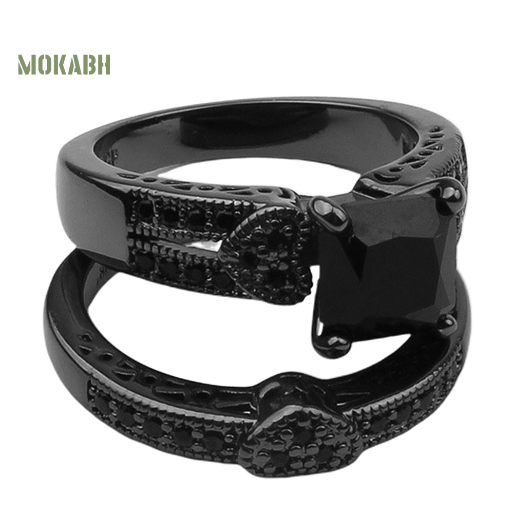 Set 2 Nhẫn Đính Đá Zircon Màu Đen Sang Trọng Cho Nam Nữ