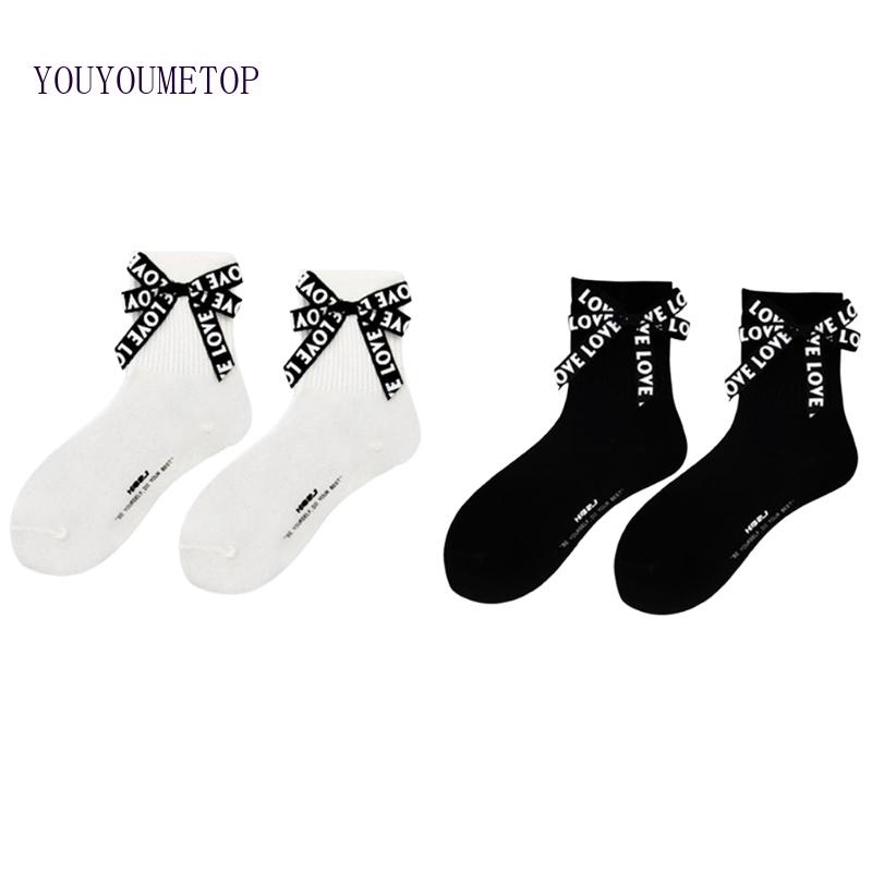 Youyo Vớ Cotton Harajuku Hàn Quốc In Chữ Phối Ruy Băng Ngọt Ngào Phong Cách Lolita Cho Nữ