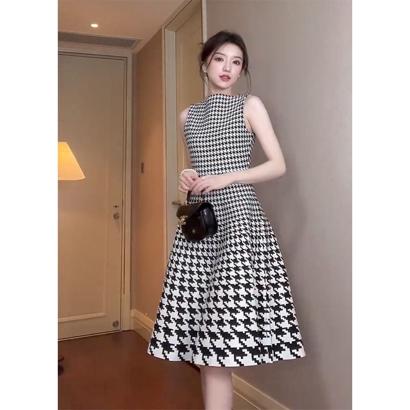 Đầm In Họa Tiết Houndstooth Cao Cấp Dáng Ôm Nhẹ Nhàng Sang Trọng Phong Cách Hoàng Gia Pháp @
