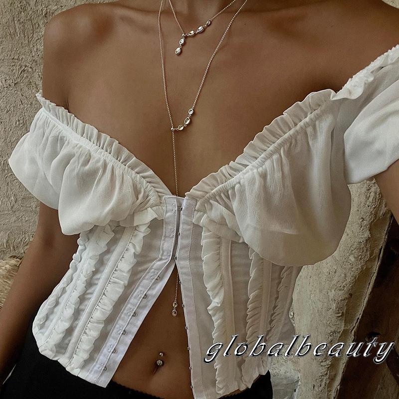 Áo Croptop Trễ Vai Tay Ngắn Màu Sắc Đơn Giản Cho Nữ