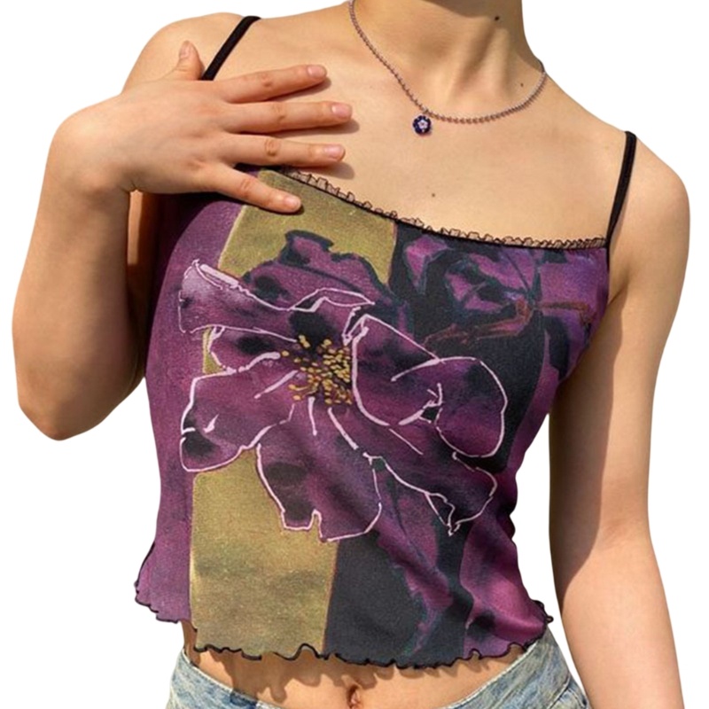 Xiangbao Áo Tank Top Hai Dây Không Tay Lettuce Trim Cho Nữ Ins