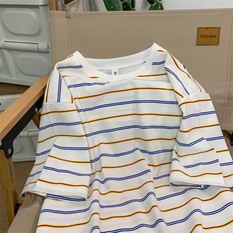 Áo Thun Cotton Cổ Tròn Tay Ngắn Họa Tiết Kẻ Sọc Phong Cách Hong Kong Thời Trang Mùa Hè Cho Nam