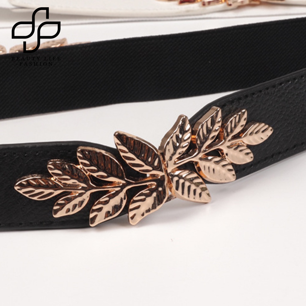 Thắt Lưng Co Giãn Tháo Lắp Nhanh Mặt Hình Chiếc Lá Mạ Vàng Đen Cho Nữ