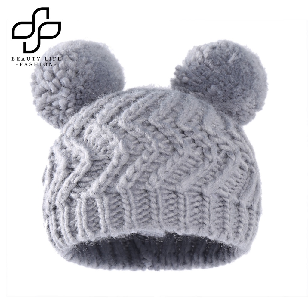 Beautylife Mũ Len Beanie Dệt Kim Dày Dặn Co Giãn Đính Hai Quả Bông Màu Trơn Thời Trang Thu Đông Dành Cho Bé Trai Bé Gái