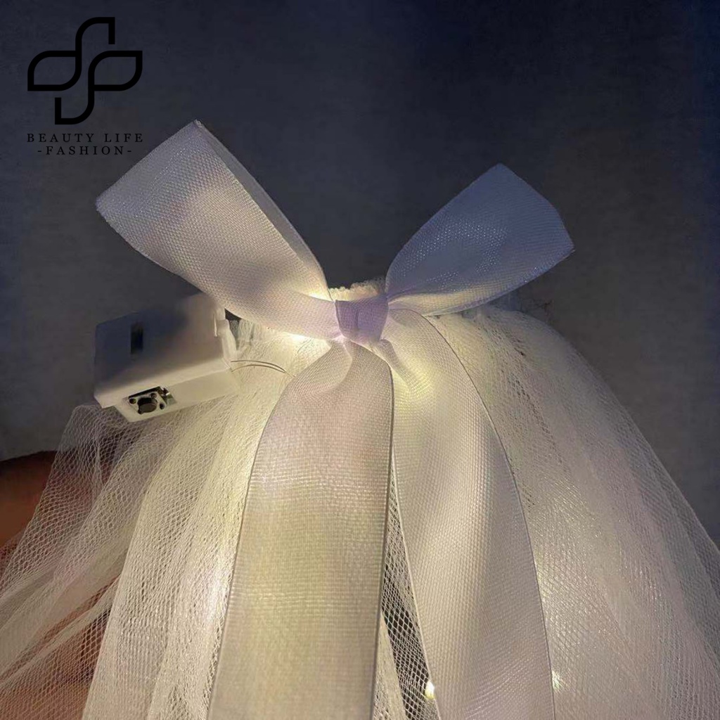 Beautylife Phụ Kiện Cài Tóc Cô Dâu Đính Ngọc Trai Giả Hai Lớp Thắt Nơ Ruy Băng Phát Sáng Nhiều Màu Sắc Dùng Làm Phụ Kiện Chụp Ảnh Đám