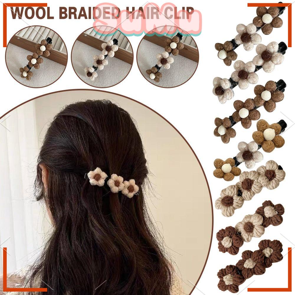 Set 2 / 7 Kẹp Tóc Bện Bằng Len Đính Hoa Xinh Xắn