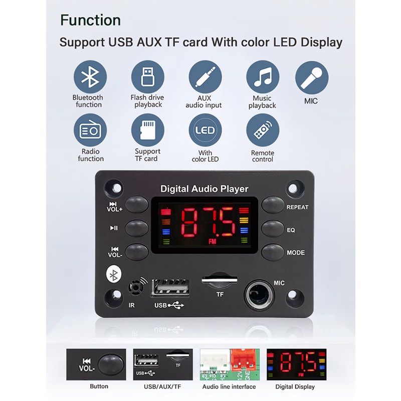 Bảng Mạch Giải Mã Âm Thanh DC 5V 12V Bluetooth 5.0 Mp3 WMA WAV APE USB TF FM Radio Mp3 Chuyên Dụng Cho Xe Hơi