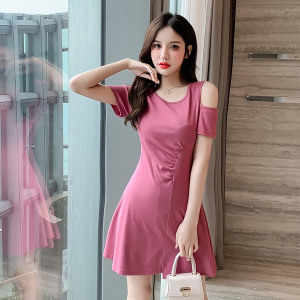 Đầm Chữ A Tay Ngắn Hở Vai Màu Trơn Đơn Giản Thời Trang Mùa Hè Phong Cách Hàn Quốc Cho Nữ