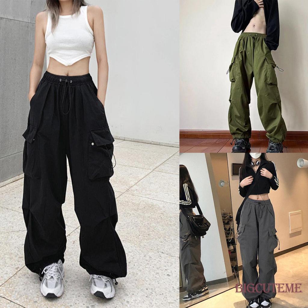 Quần Dài Dáng Suông Lưng Thun Có Túi Phong Cách Đường Phố Cho Nữ