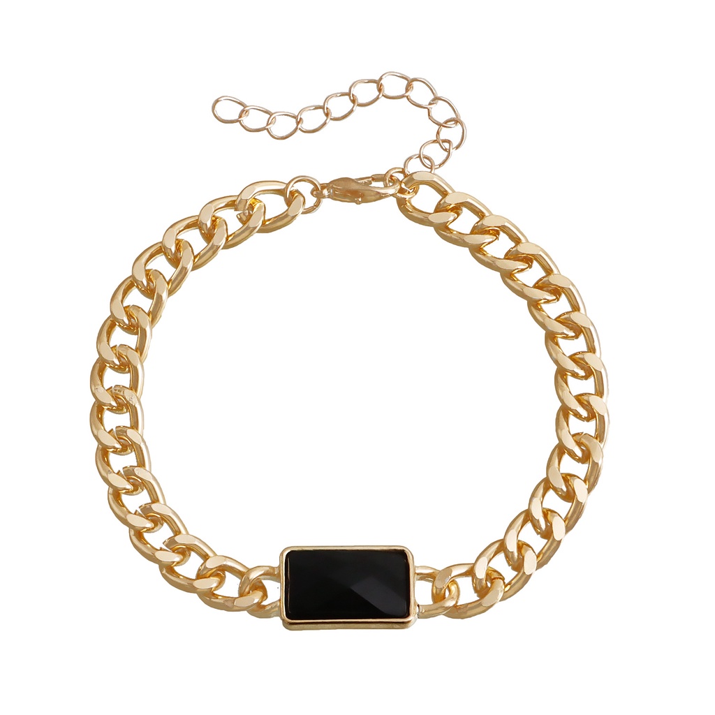 Vòng Tay Dây Xích Nhôm Mặt Vuông Đính Đá Zircon Đen Đơn Giản Cá Tính Dành Cho Nữ