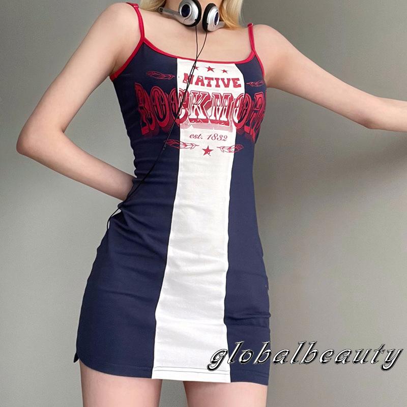 Đầm Hai Dây Ôm Dáng Màu Sắc Tương Phản In Chữ Thời Trang Mùa Hè Cho Nữ